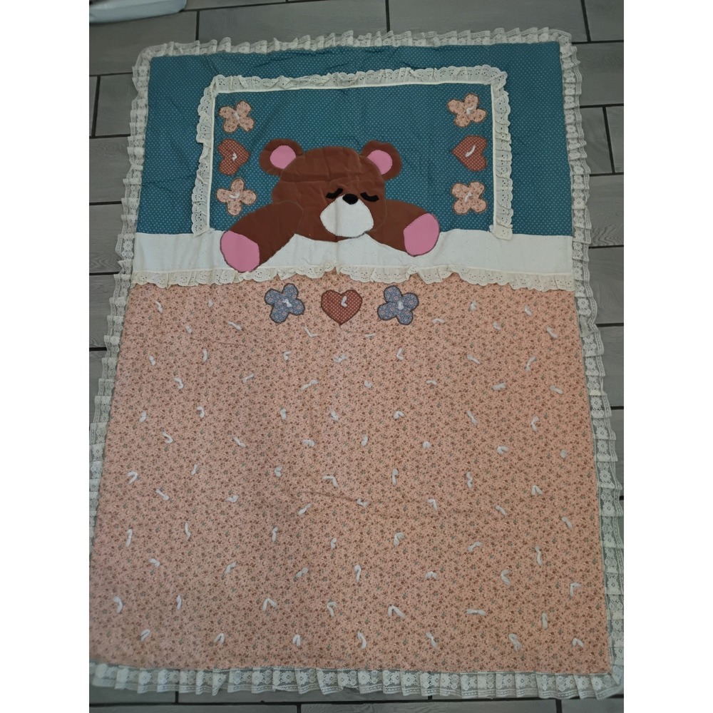 Handmade Vintage Teddy Bear Quilted Baby Blanket Lace Trim Teal Peach 46x58